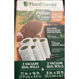 FoodSaver Five Vacuum Seal Rolls Three 11" x 16' & Two 8" x 20' Sealed New